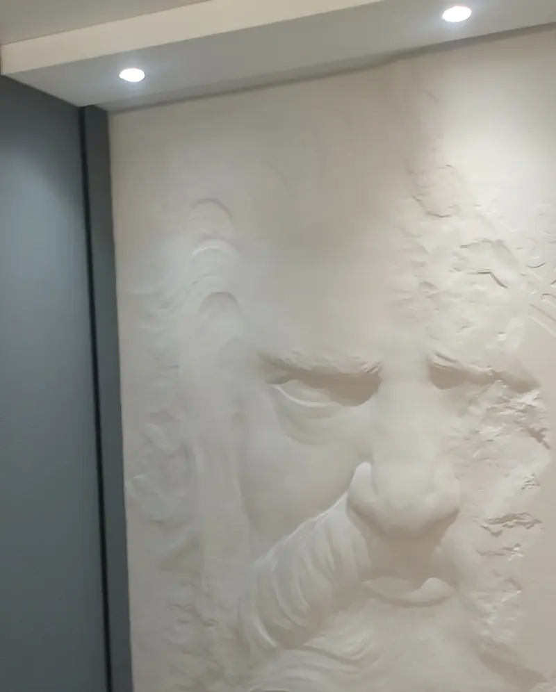 Mur décoratif sculpté d'un visage en relief, encadré de gris et éclairé par des spots