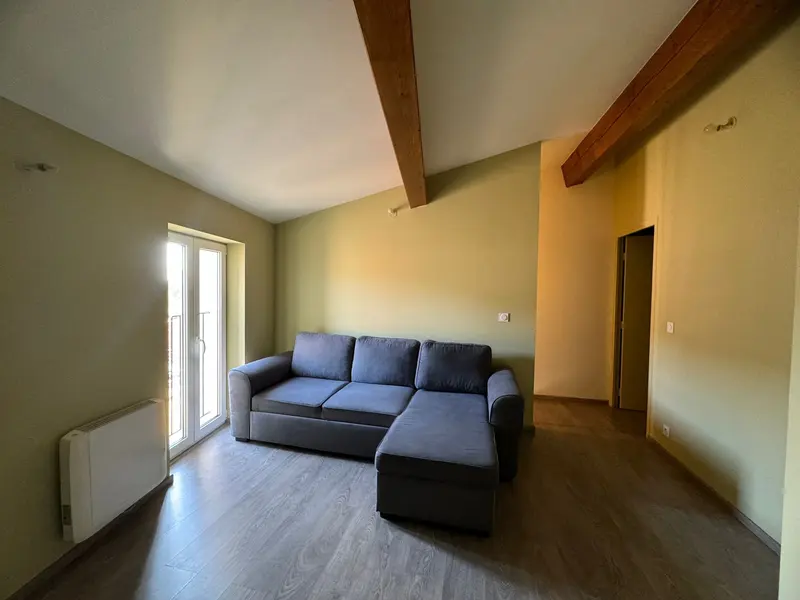 Séjour rénové avec poutre apparente, murs vert tendre, sol stratifié et canapé gris